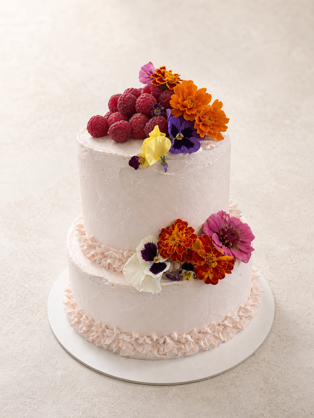Two-tier cake with flowers and raspberries