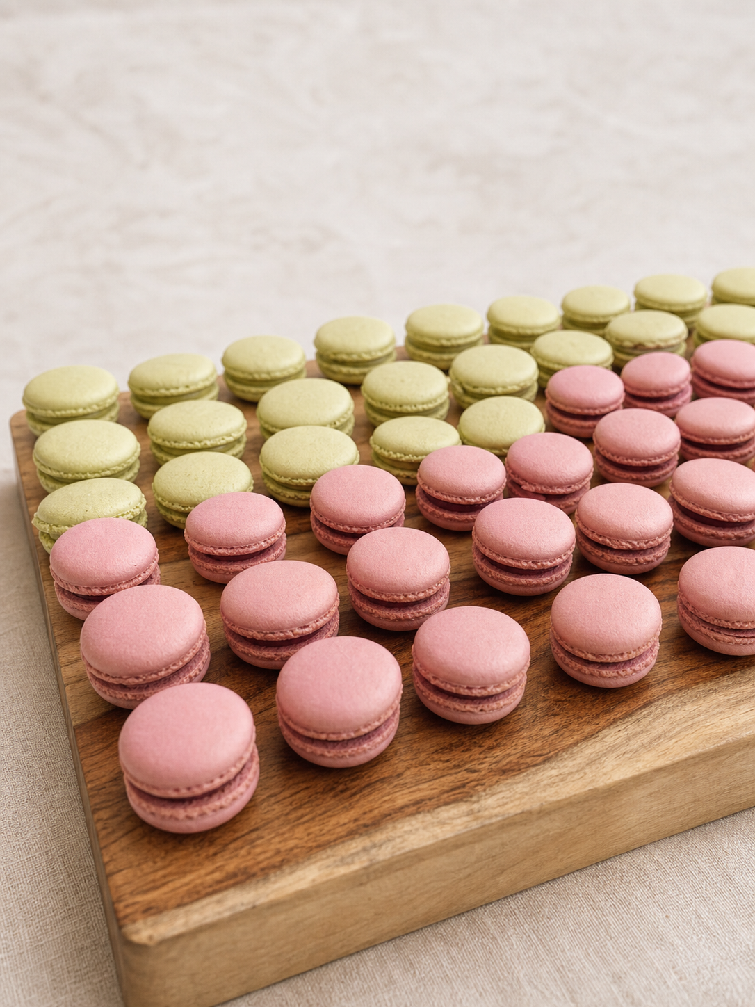Rows of pink and pale green French macarons