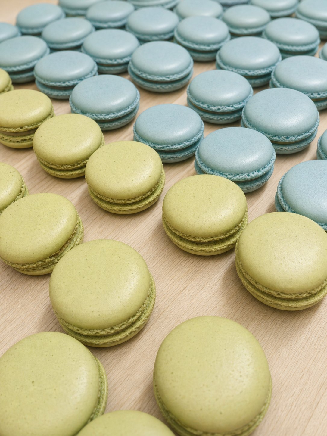 Rows of blue and pale green French macarons